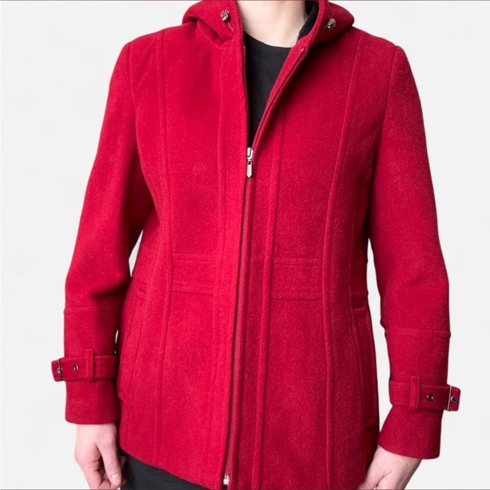 St. John's Bay Red Hooded Pea Coat; Wool and Cashmere Blend